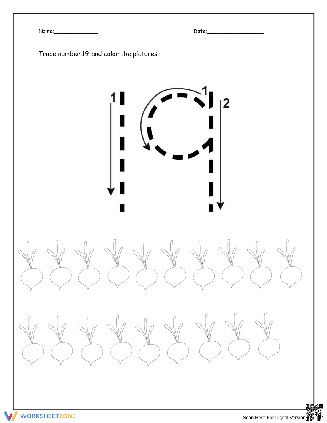 Practice Tracing the Number Nineteen - Page 1