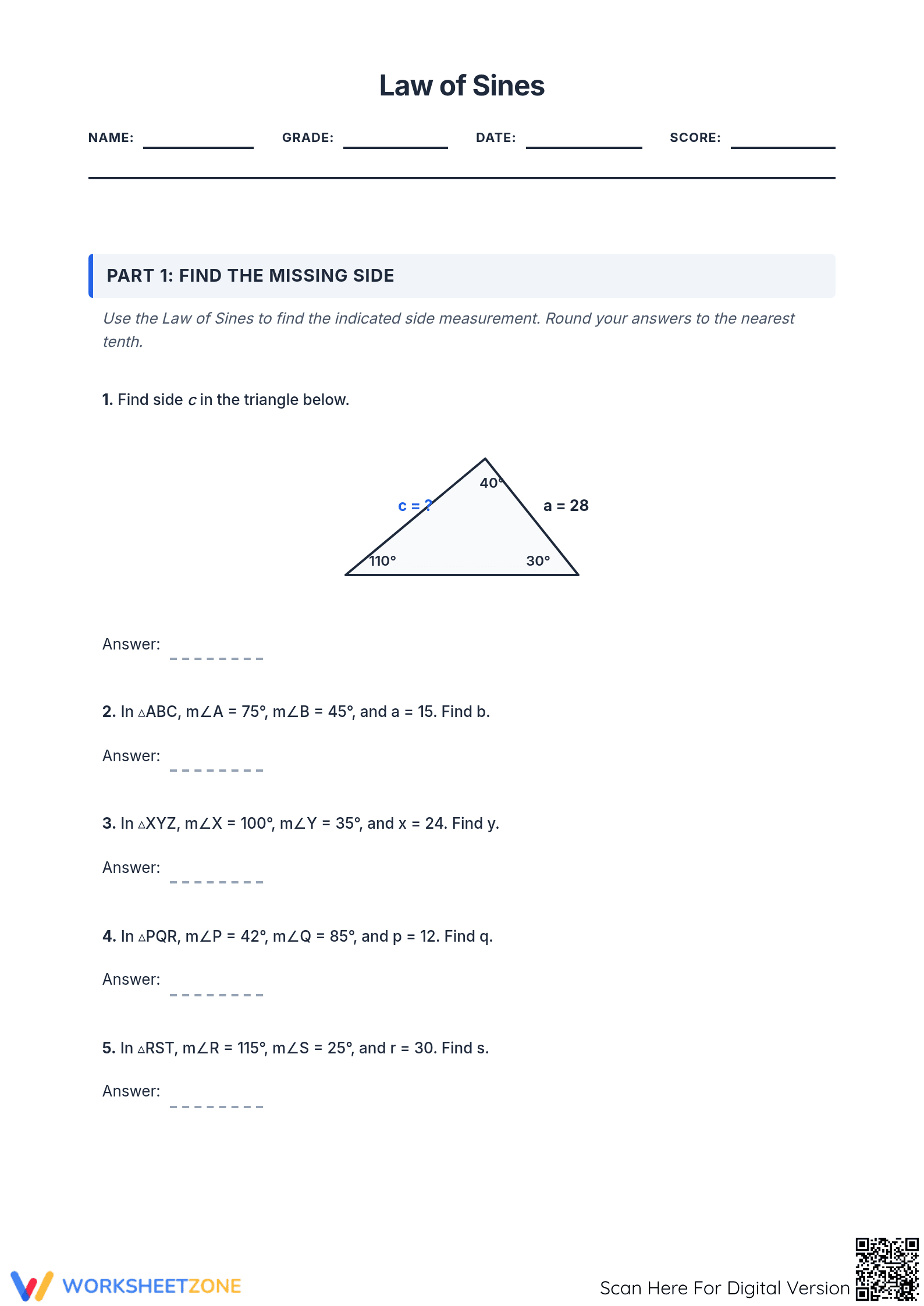 Law of Sines Practice Worksheet | Grade 10 Essential - Page 1
