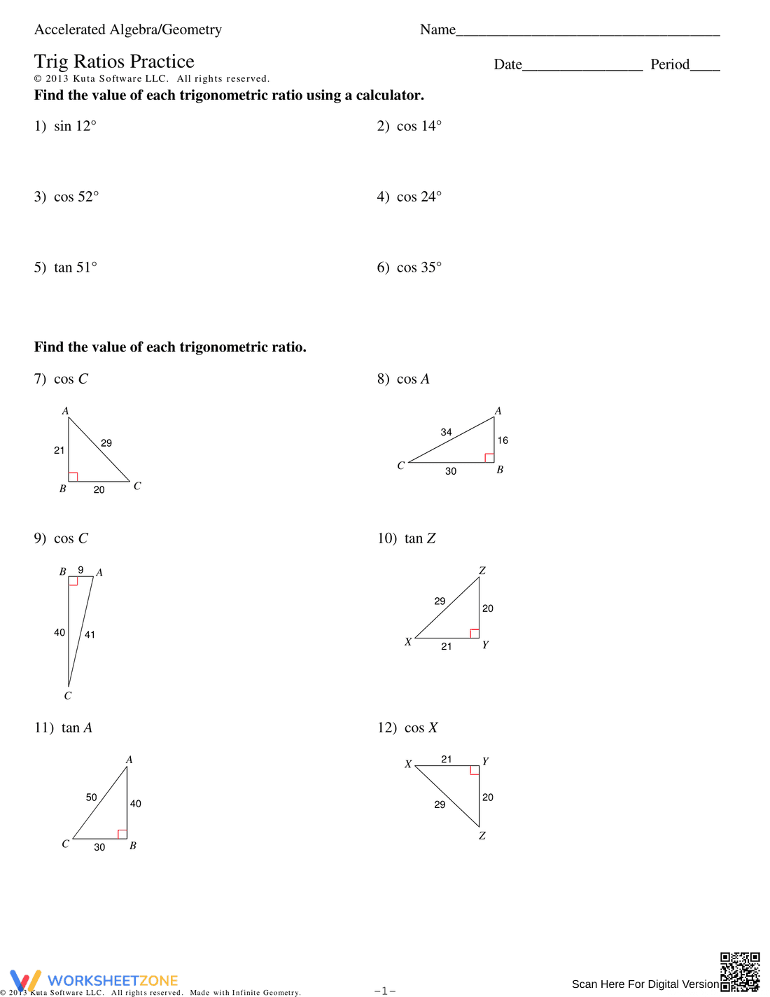 Trigonometric Ratios Practice Worksheet - Page 1