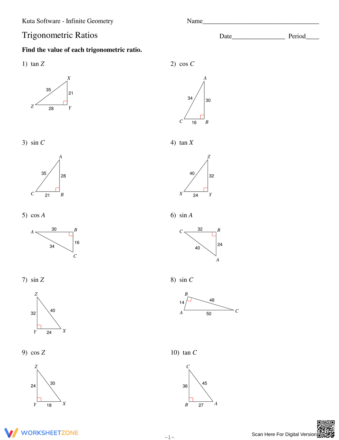 Introductory Trigonometric Ratios Worksheet - Page 1