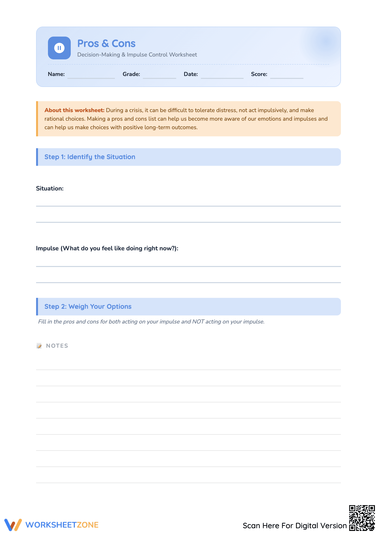 Impulse Control Pros and Cons Worksheet | Grade 10-11 Ready - Page 1