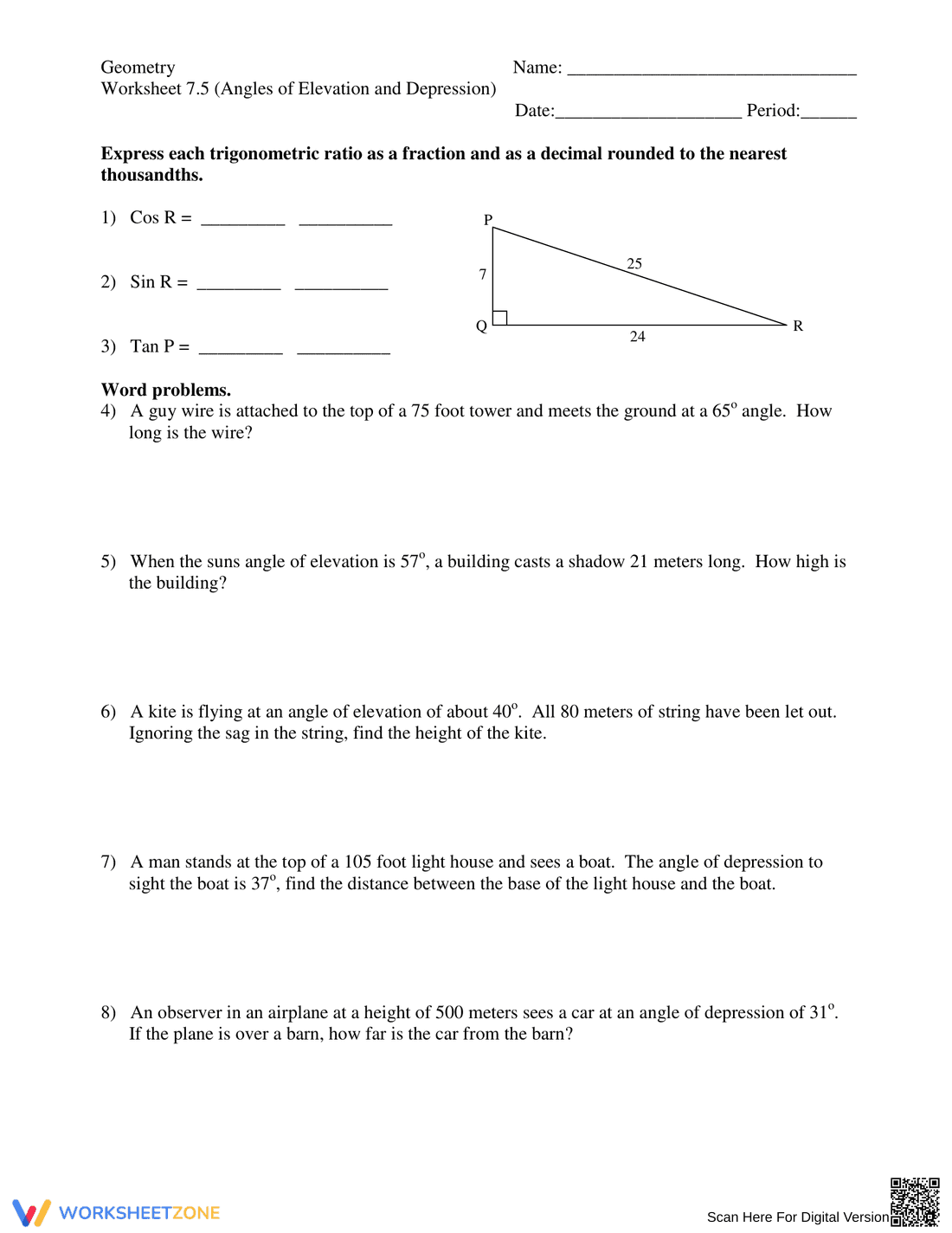 Angles of Elevation and Depression Worksheet - Page 1