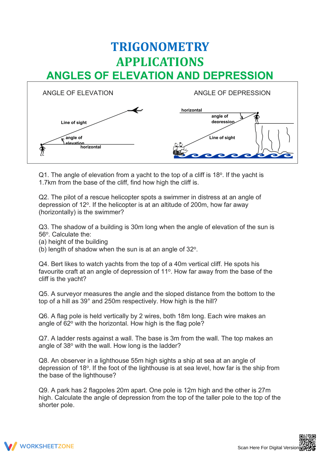 Trigonometry: Angles of Elevation and Depression Worksheet - Page 1