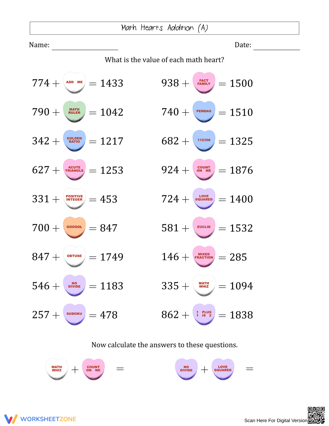 Math Heart Addition Worksheet for Valentine's Day - Page 1