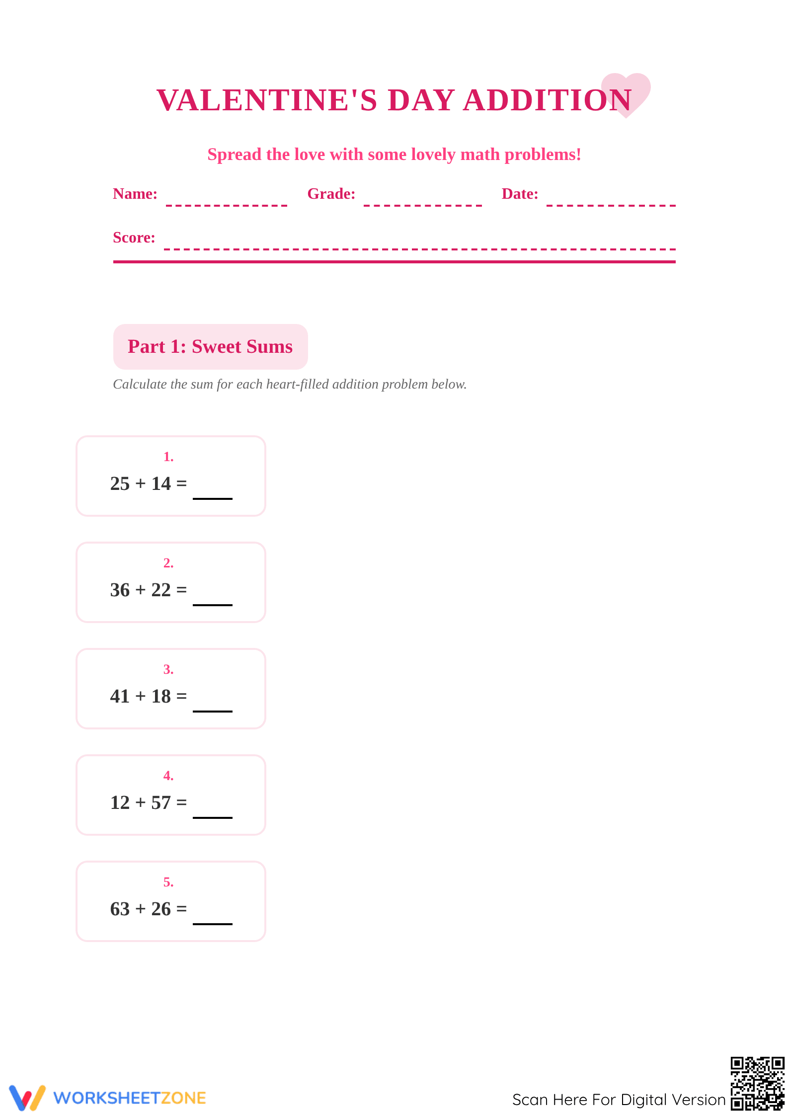 Essential Valentine's Day Addition Worksheet | Grades 7-9 - Page 1