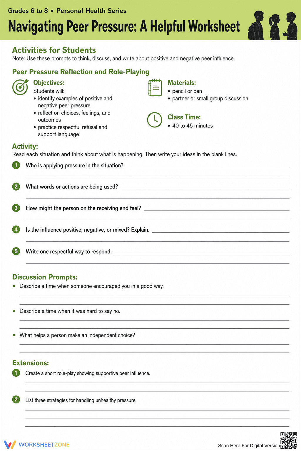 Peer Pressure Printable Worksheet | Grade 6-8 Health - Page 1