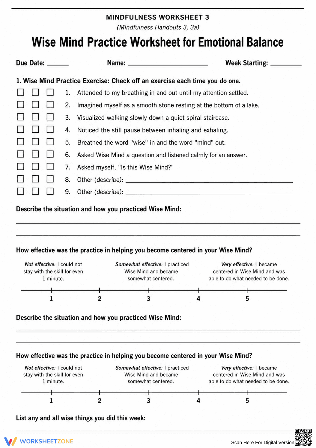 Grade 9-12 Wise Mind — Printable No-Prep Worksheet - Page 1