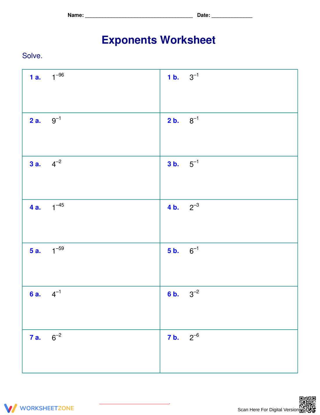 Negative Exponents Worksheet - Page 1
