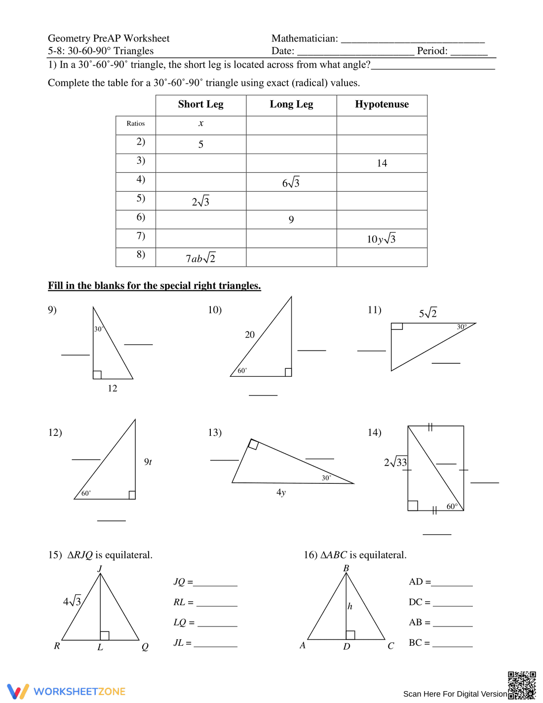 30-60-90 Triangles 3: Improve Geometry Skills - Page 1