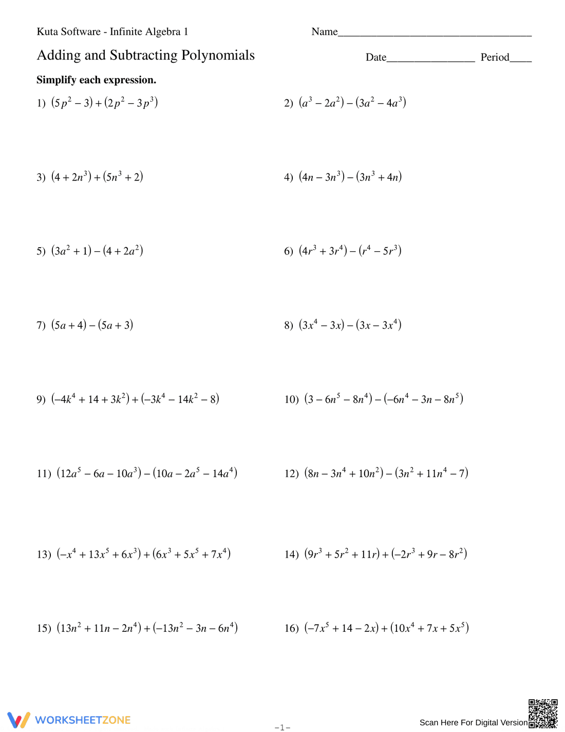 Adding and Subtracting Polynomials Worksheet 1 - Page 1