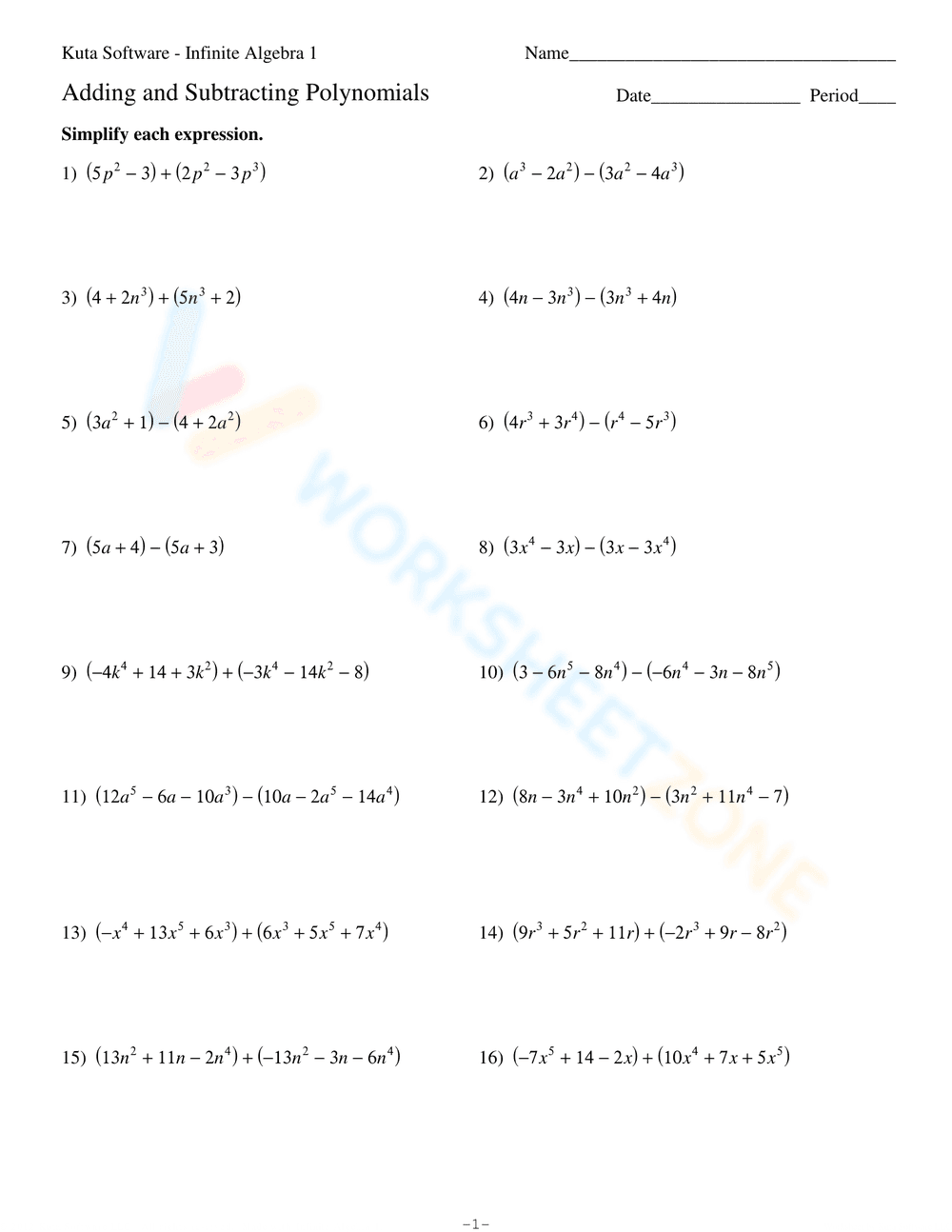 Adding and Subtracting Polynomials Worksheet 1 - Page 1