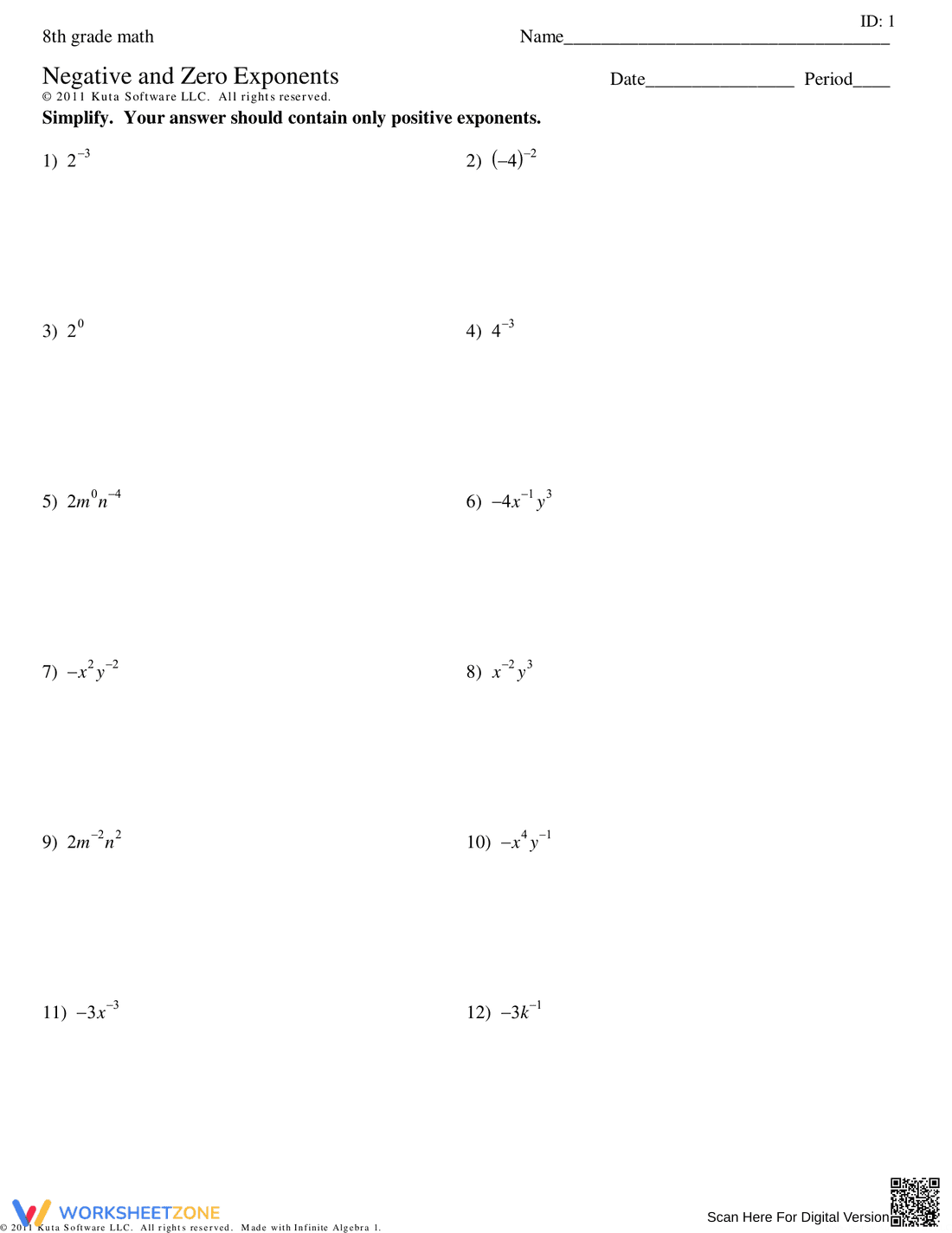 Negative and Zero Exponents Practice Worksheet - Page 1