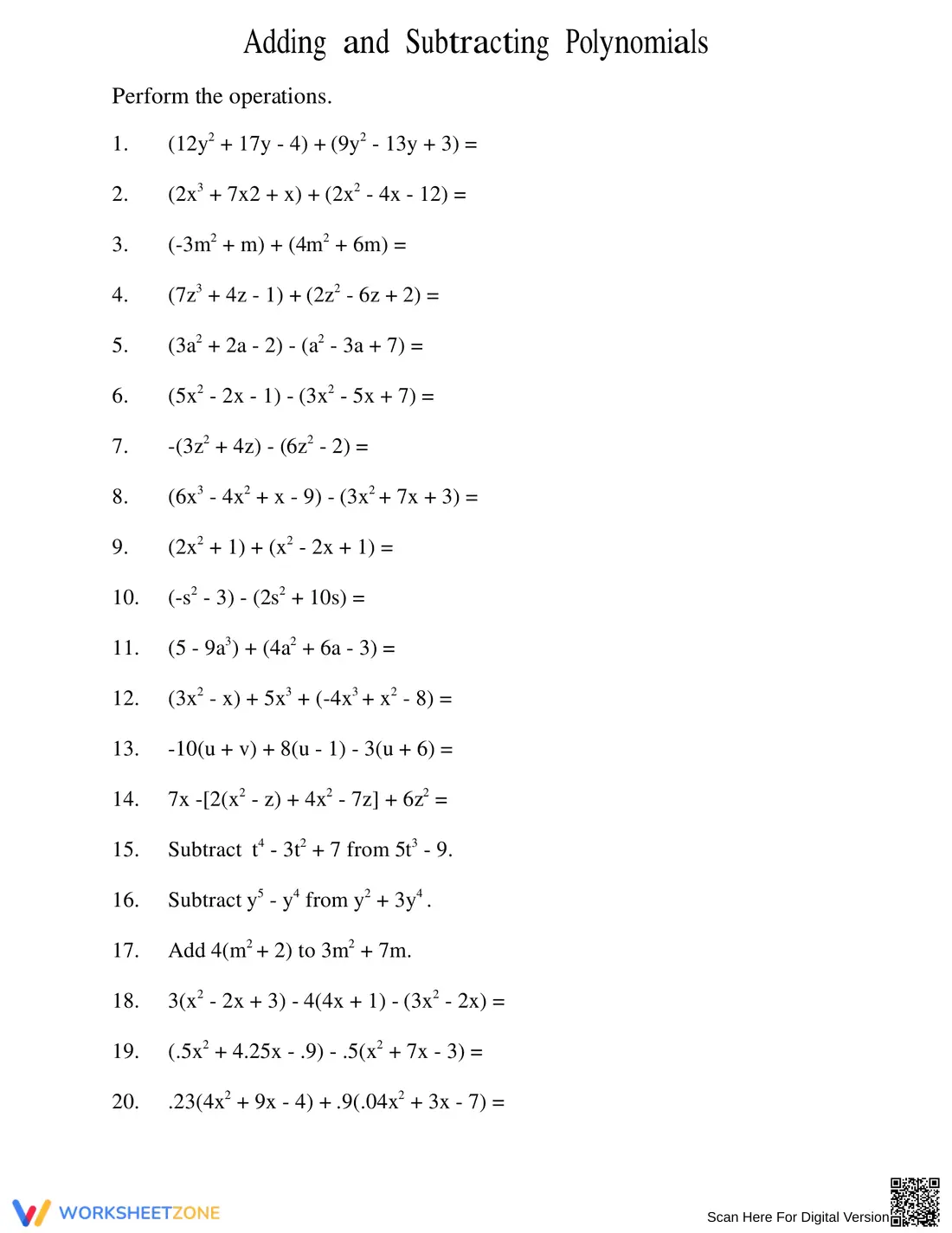 Adding and Subtracting Polynomials Practice Worksheet - Page 1