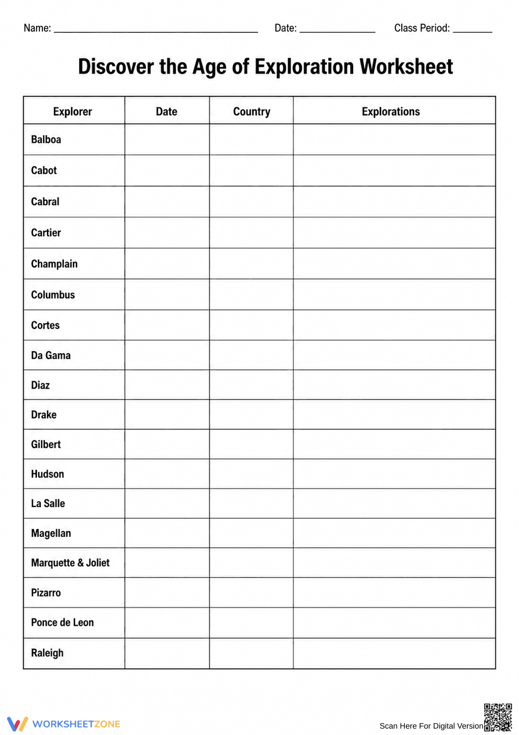Age of Exploration Worksheet | Grade 7 Printable - Page 1