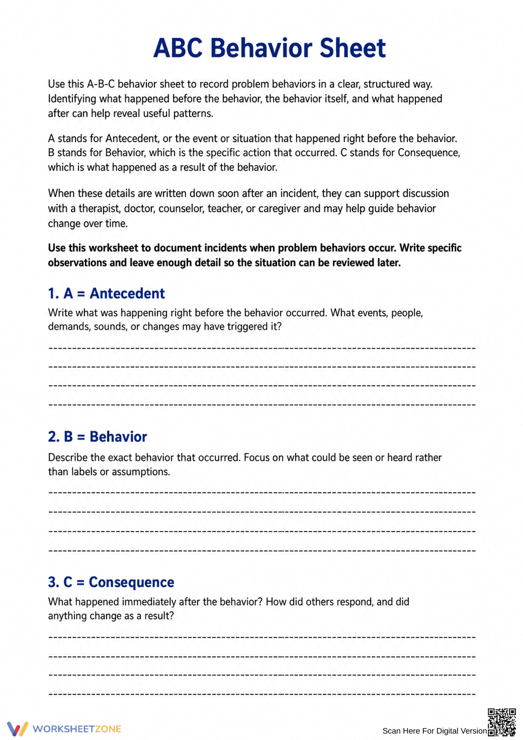 ABC Behavior Sheet: Essential Tracking Guide for Teens - Page 1