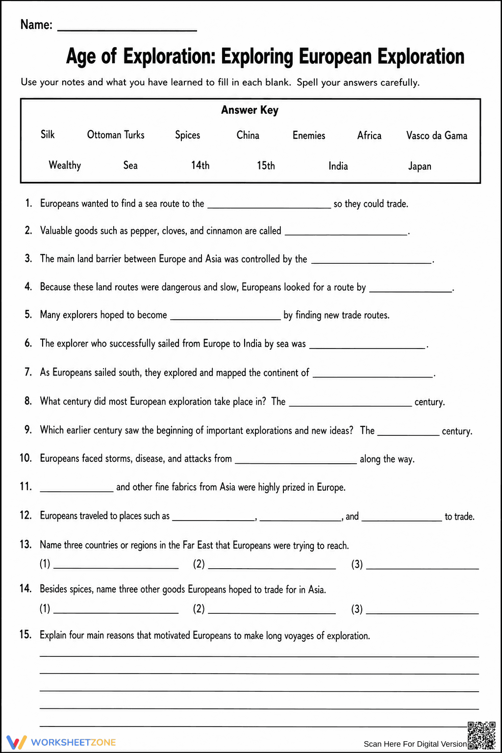 Age of Exploration Worksheet | Grade 7 Printable - Page 1