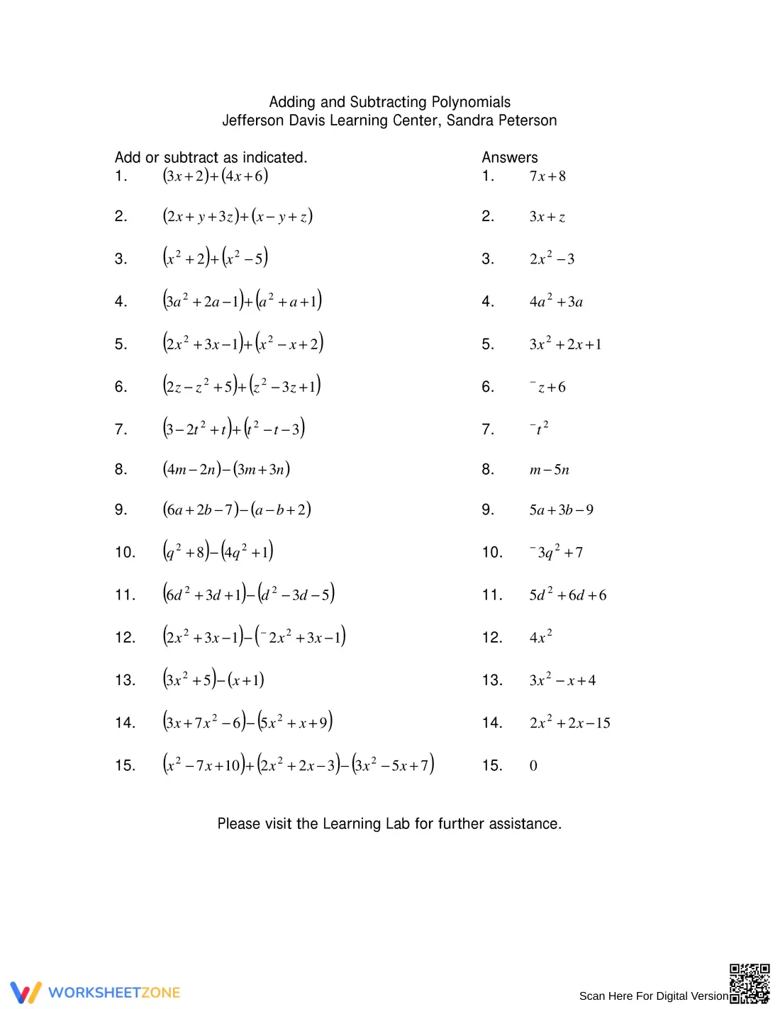 Adding and Subtracting Polynomials Advanced Practice - Page 1