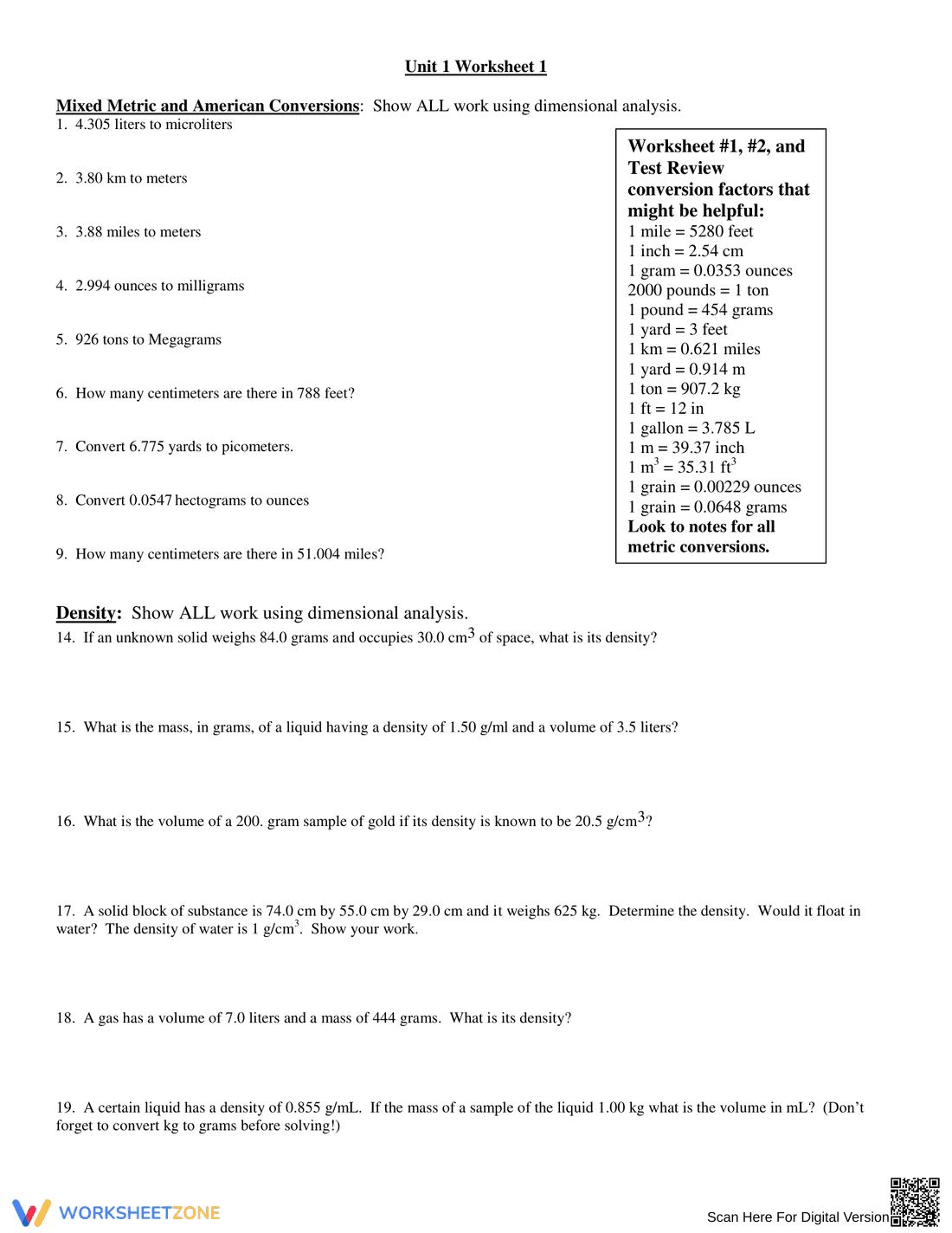Dimensional Analysis Worksheet: Unit Conversion - Page 1