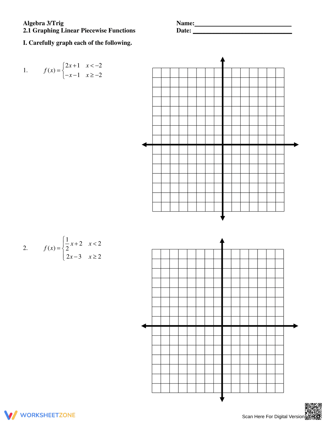 Graphing Linear Piecewise Functions Practice - Page 1
