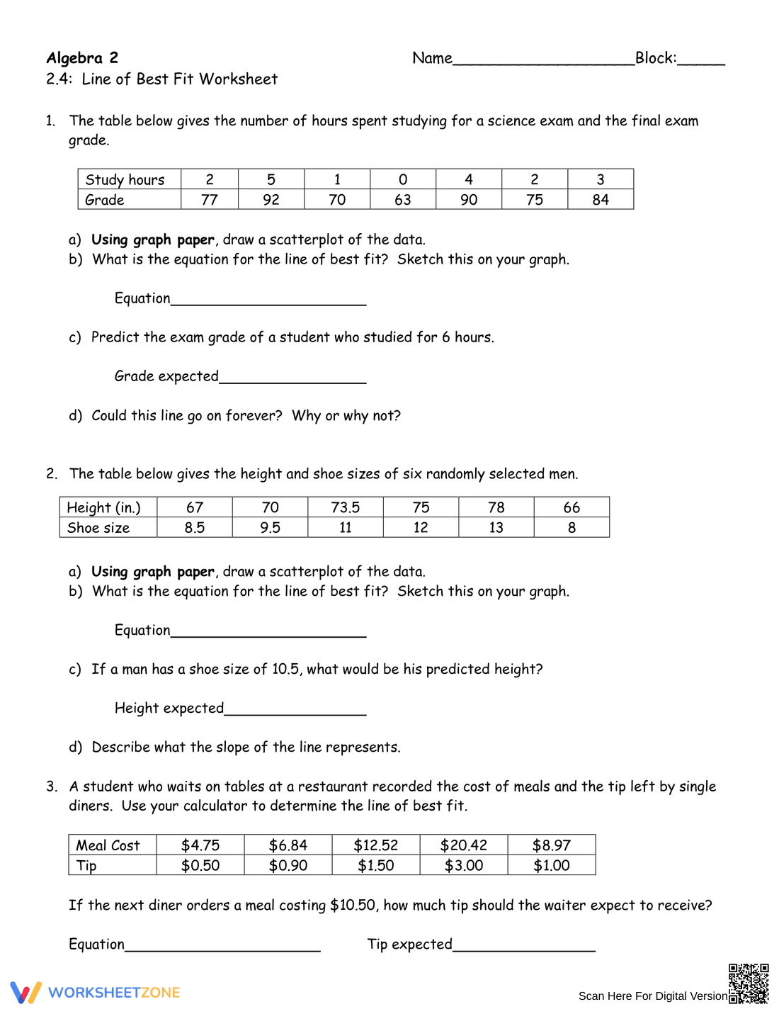 Line of Best Fit Worksheet for Data Analysis - Page 1
