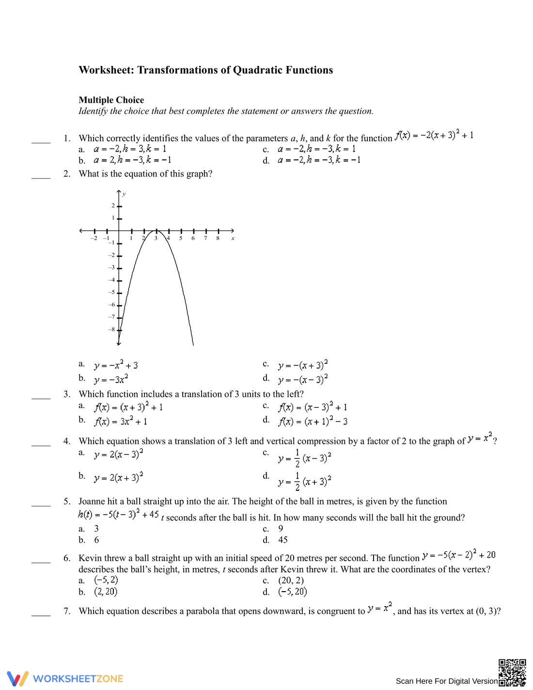 Practice Transformations of Quadratic Functions - Page 1