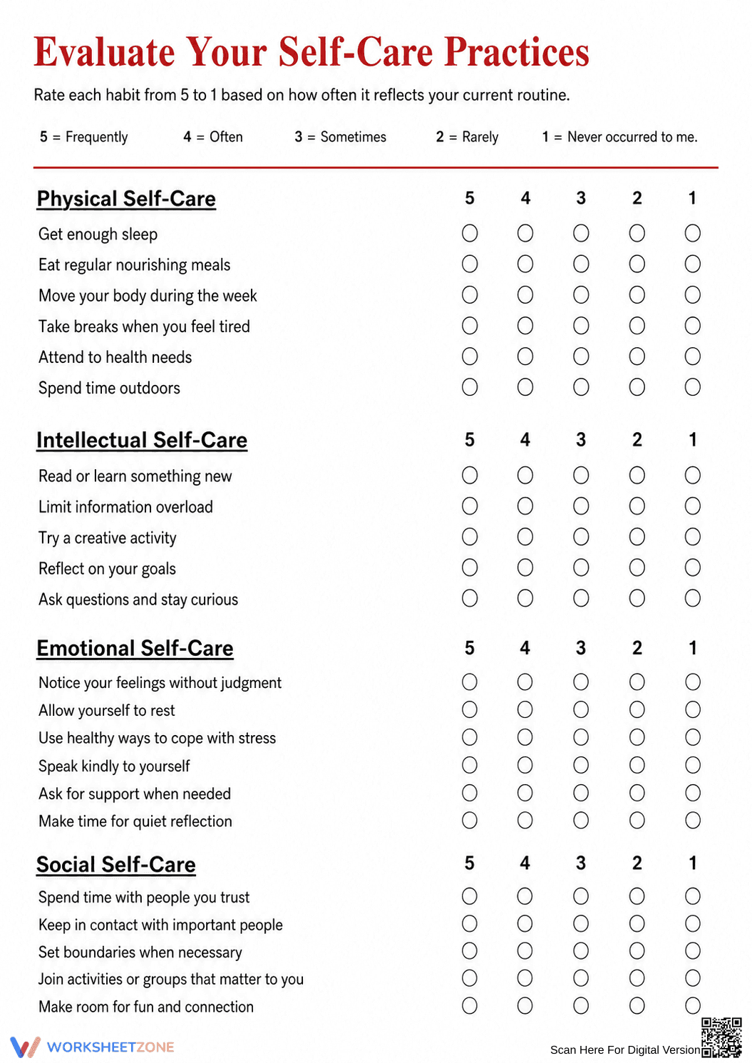 Self-Care Assessment Worksheet | Grade 9-12 Essential - Page 1