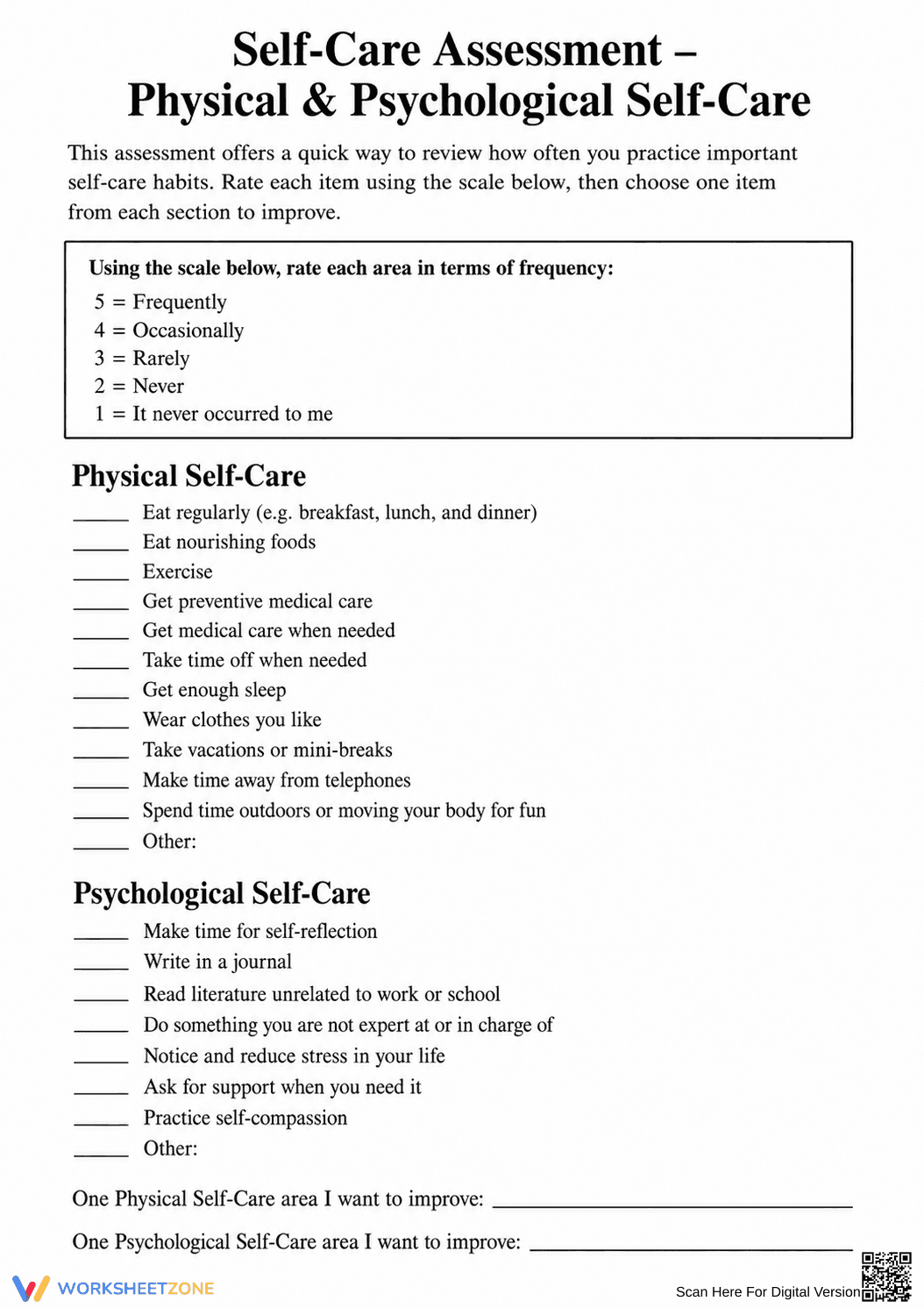Self-Care Assessment Worksheet | Essential Grade 8-10 Guide - Page 1