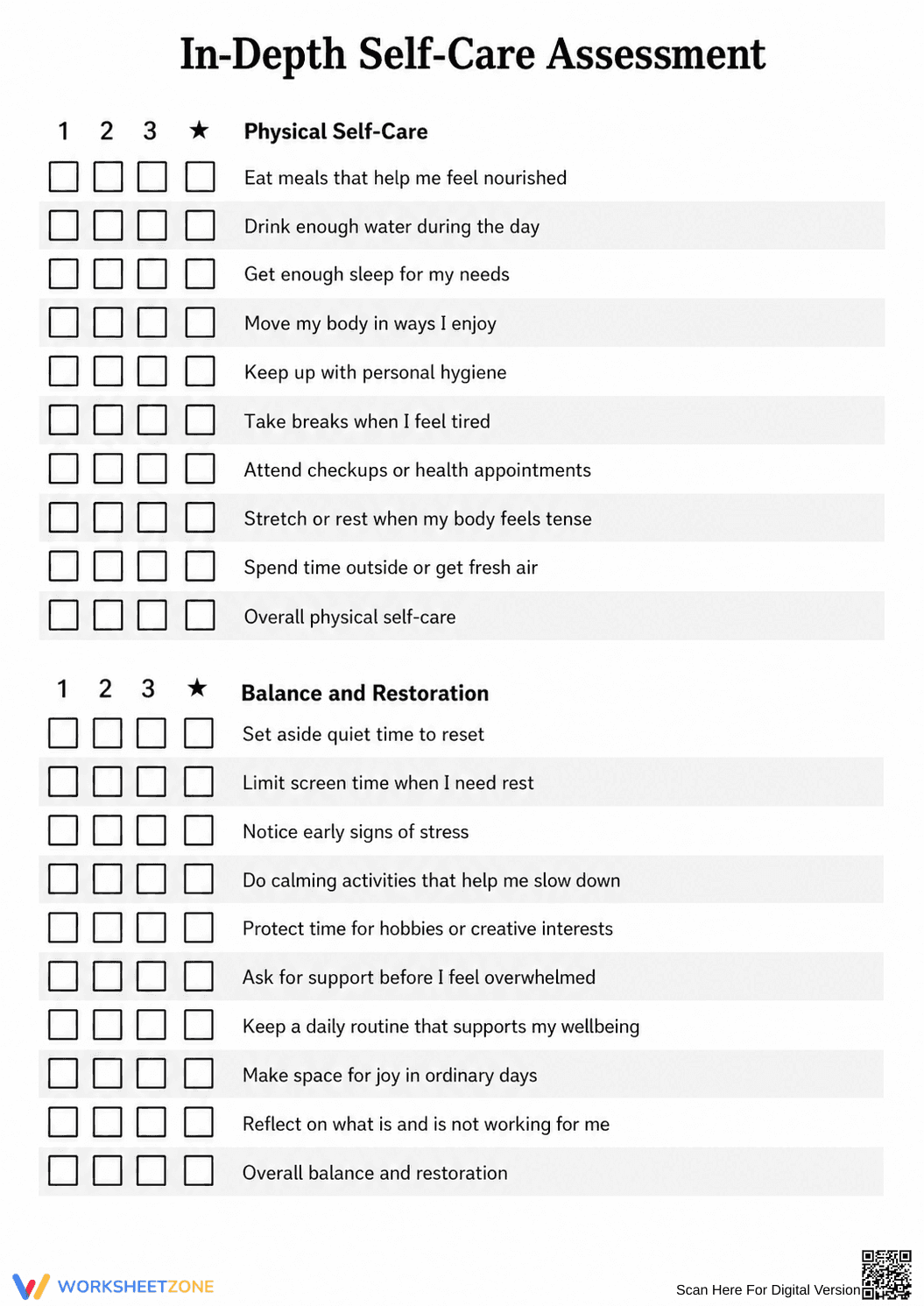 Self-Care Assessment Worksheet | Grade 11-12 Printable - Page 1