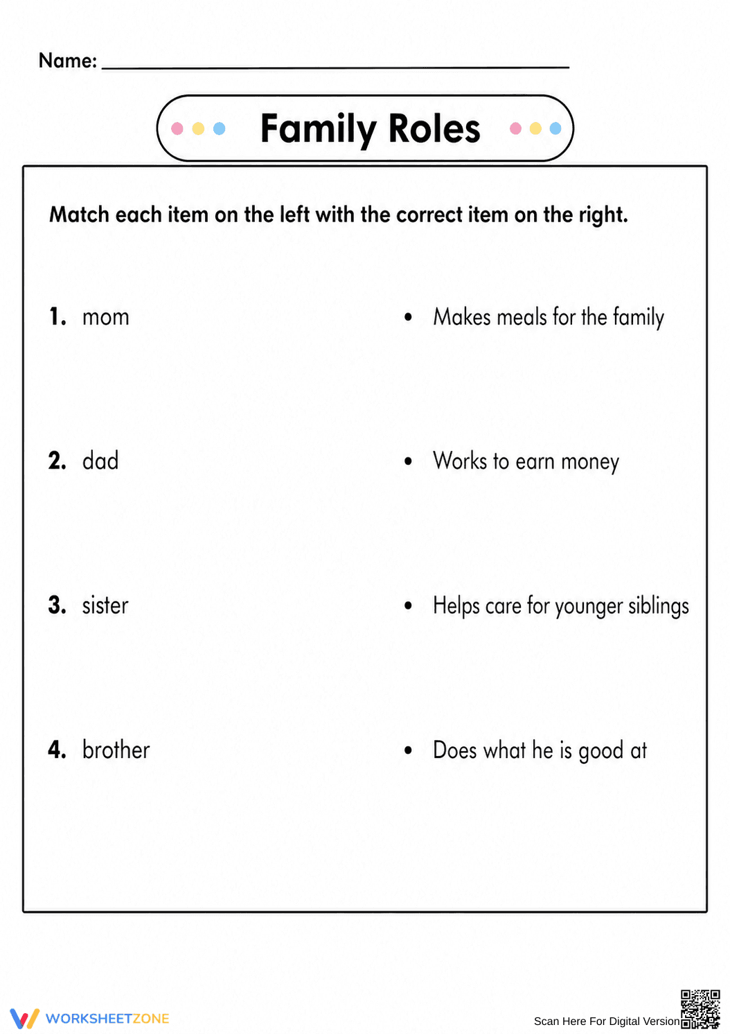 Printable Family Roles Worksheet | Grade 1 Social Skills - Page 1