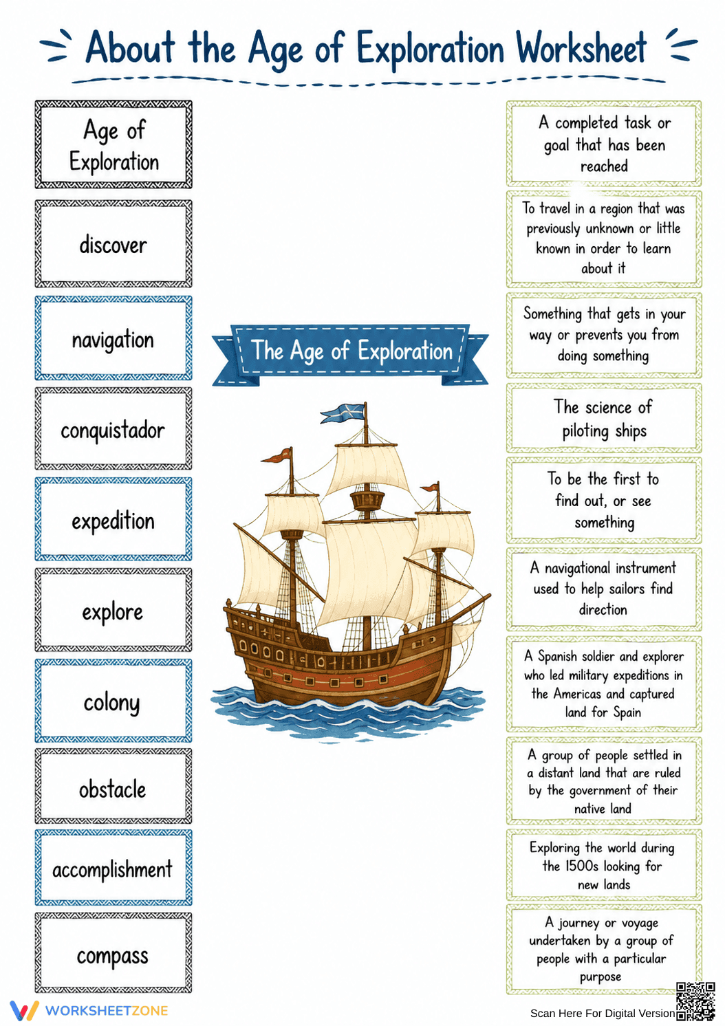 Age of Exploration Vocabulary — Printable Grade 5 Worksheet - Page 1