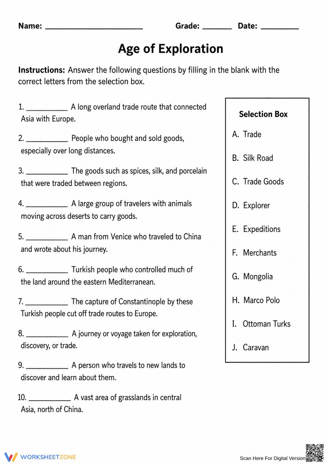 Age of Exploration Worksheet | Essential Grade 7 History - Page 1