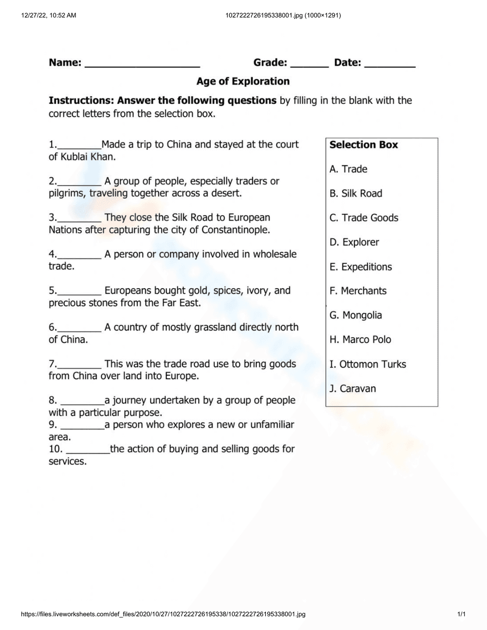 Age of Exploration Part 2: Worksheet - Page 1