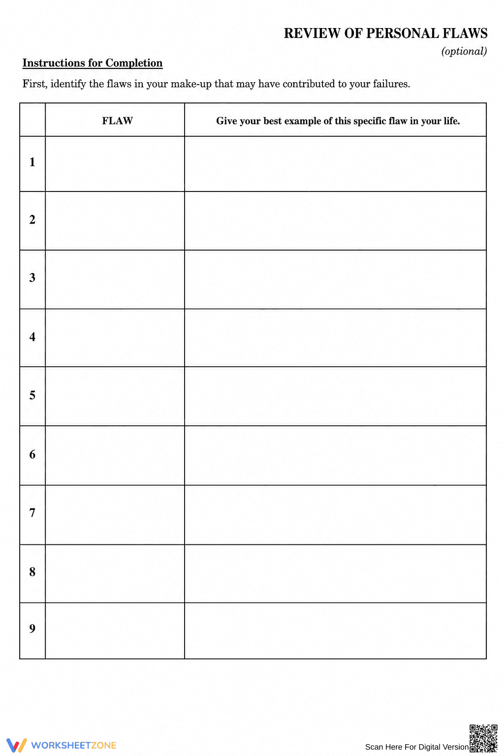 Grade 9-12 Personal Flaws — Printable No-Prep Worksheet - Page 1