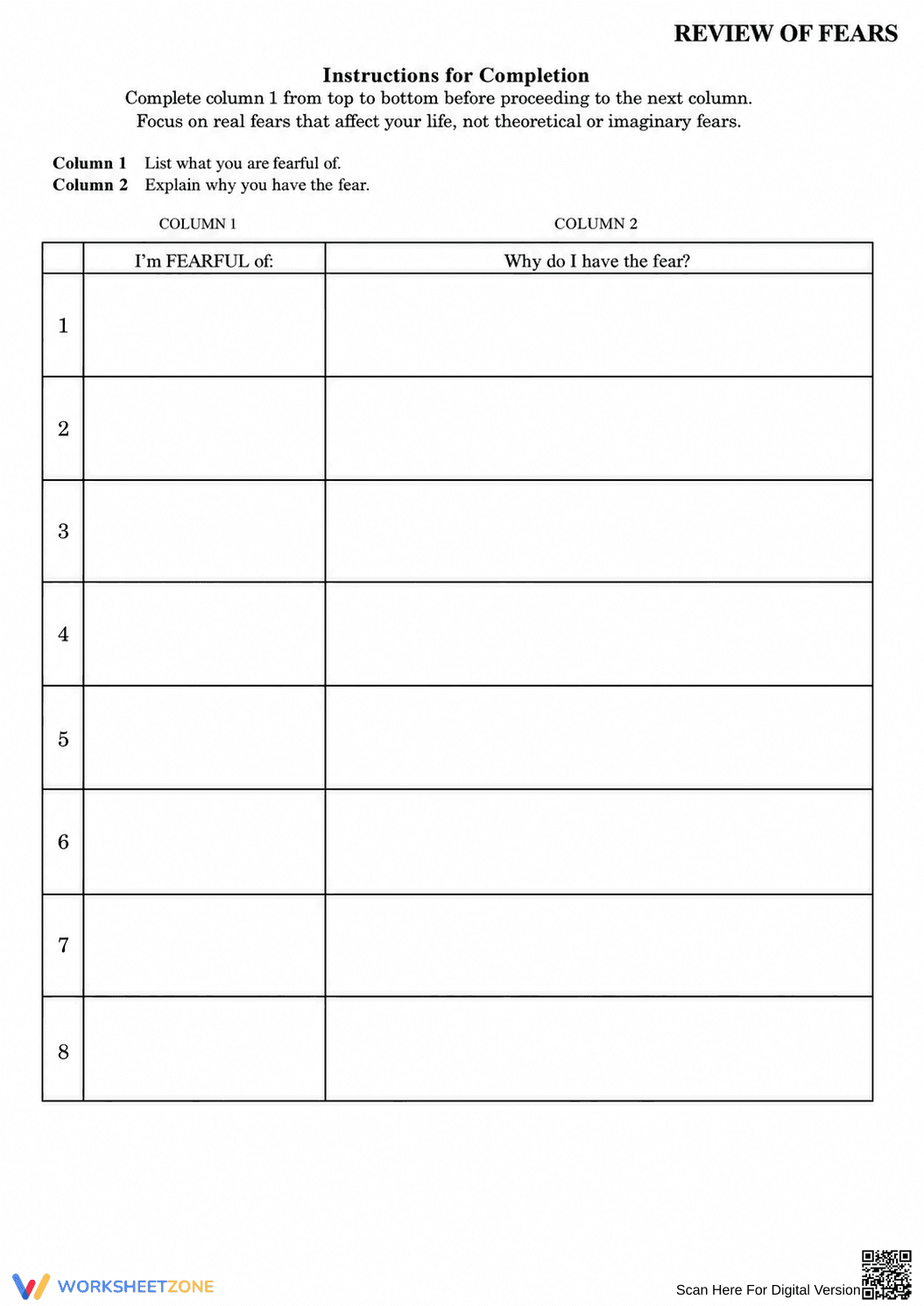 Review of Fears Worksheet | Essential Grade 8-12 SEL - Page 1