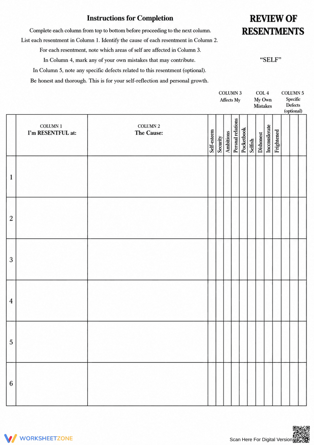 Review of Resentments Worksheet | Printable Therapy Tool - Page 1