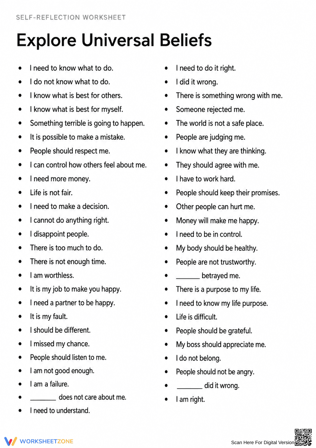 Essential Universal Beliefs Worksheet | Grade 9-12 - Page 1