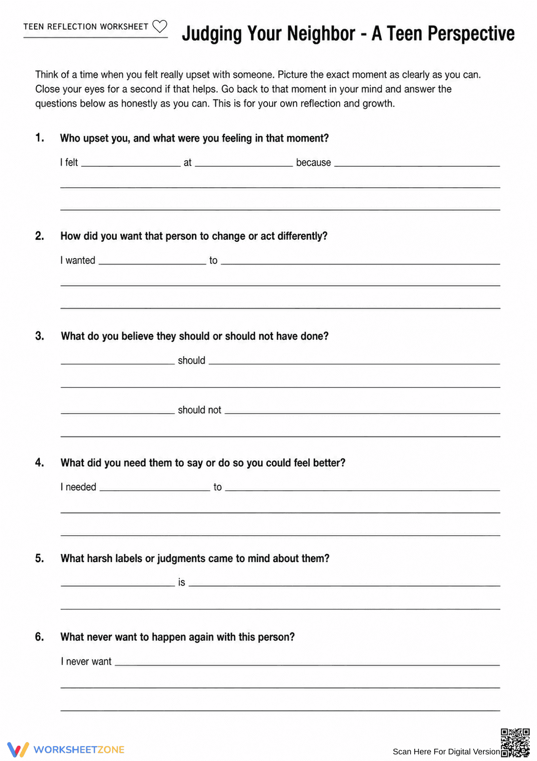 Printable Teen Conflict Reflection Worksheet | Grades 9-12 - Page 1
