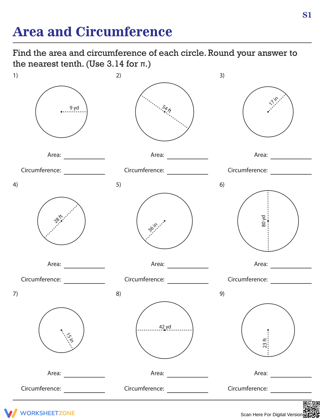 Calculate Area and Circumference - Worksheet - Page 1