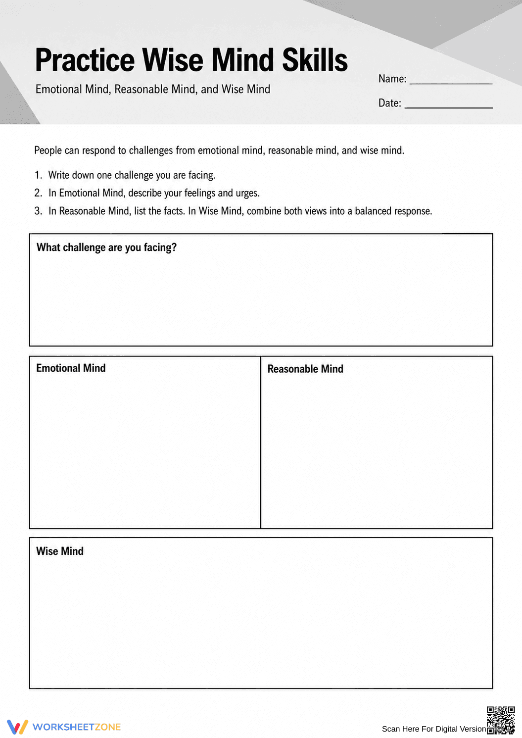 Wise Mind Skills Worksheet | Grade 9-12 Printable - Page 1