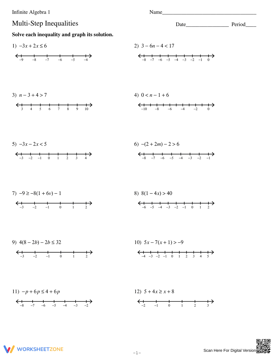 Solve Multi-Step Inequalities Worksheet - Page 1