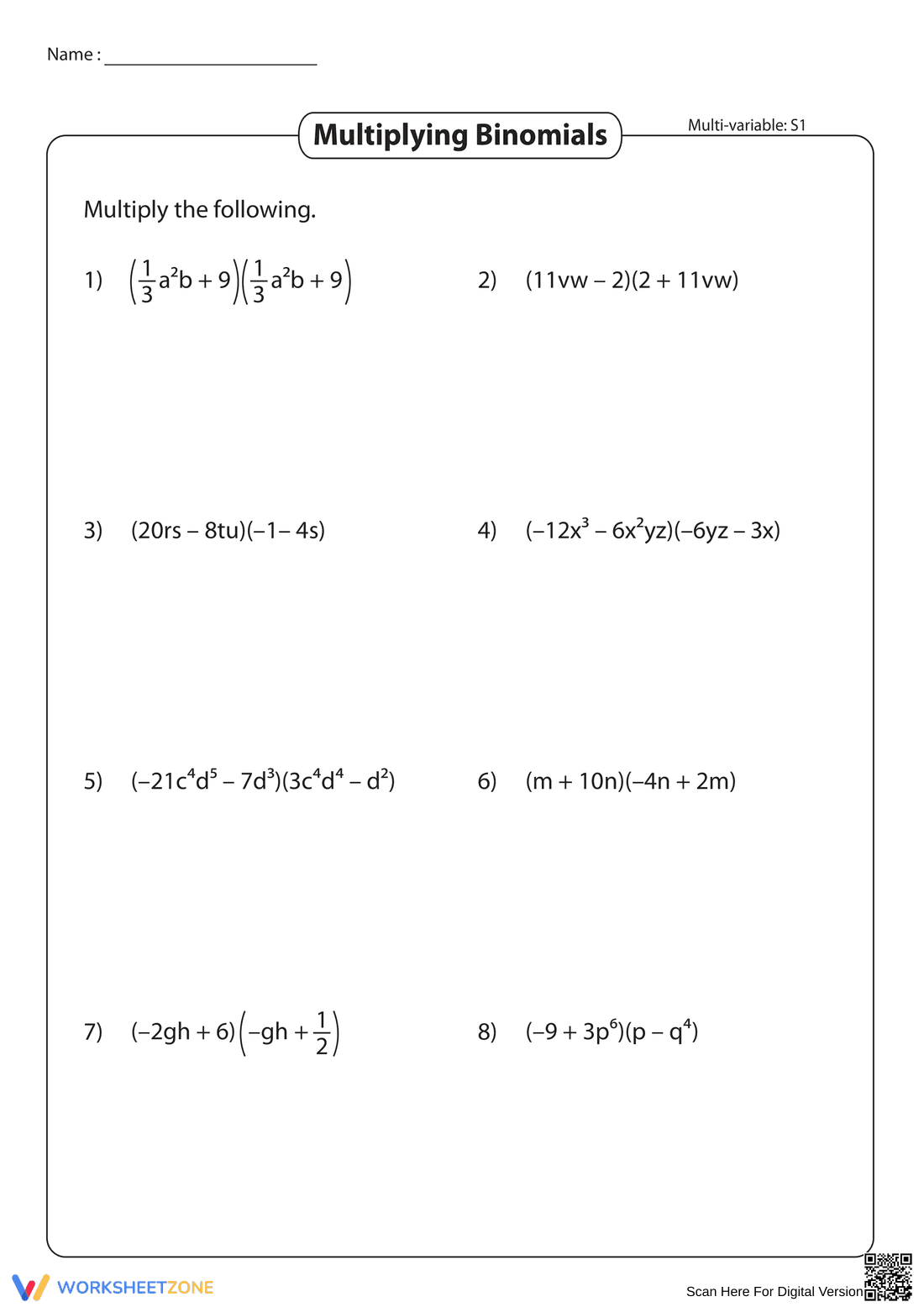 Complex Multiplying Binomials Practice - Page 1