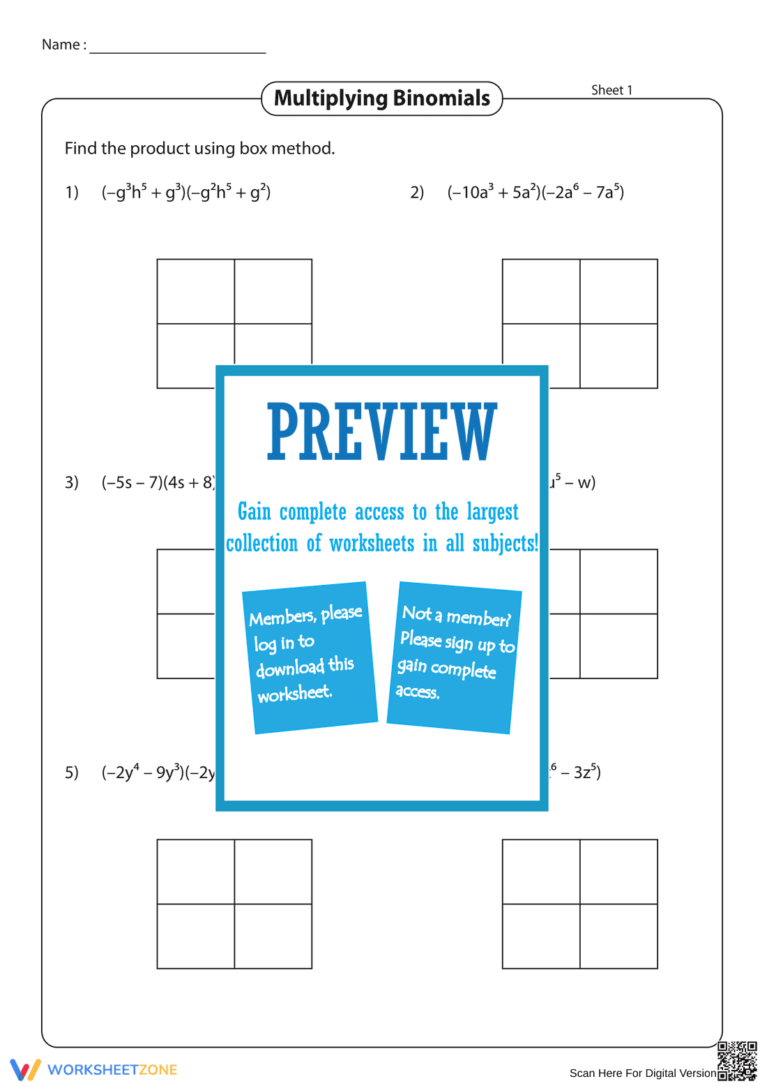 Multiply Binomials Using Box Method - Page 1