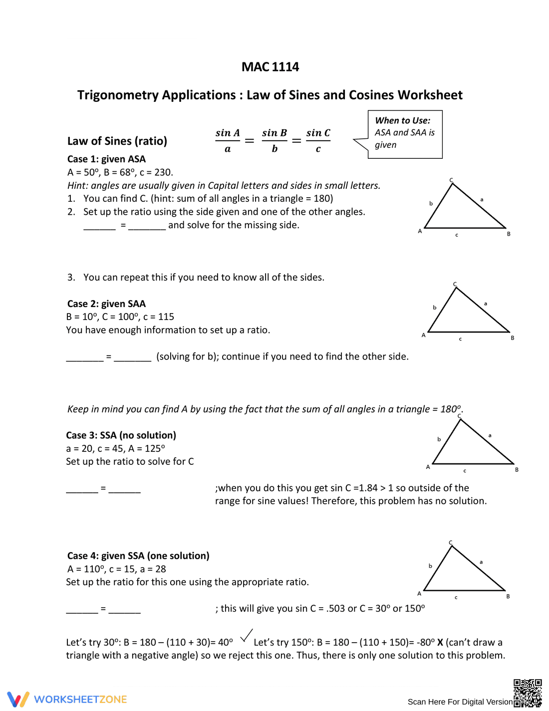 Worksheet on the Law of Sines - Page 1