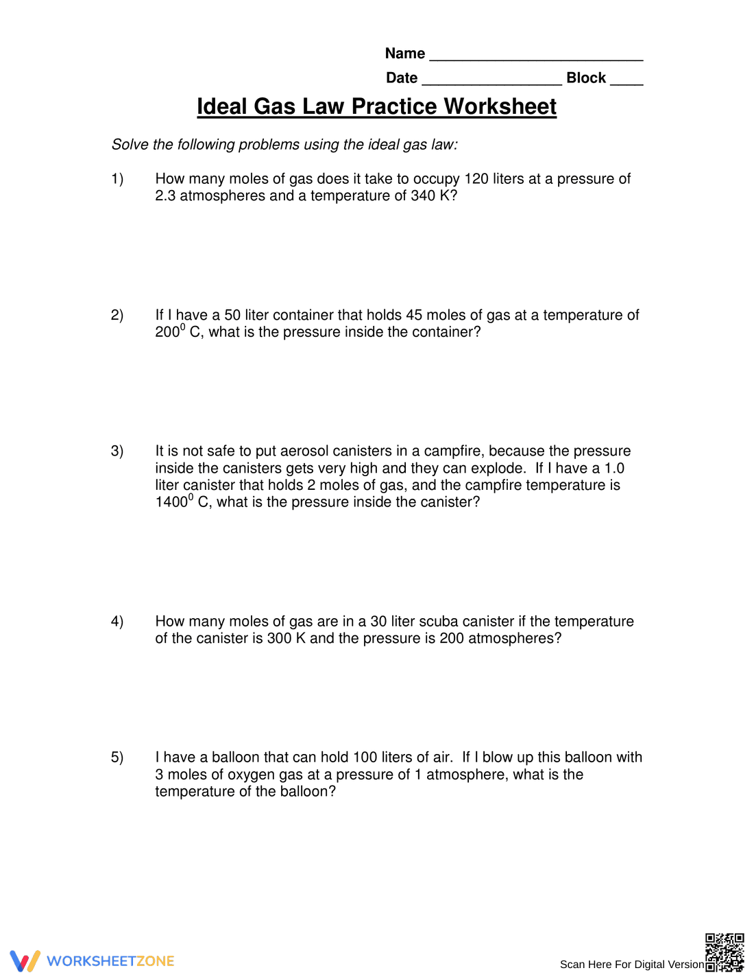 Ideal Gas Law Practice Worksheet - Page 1
