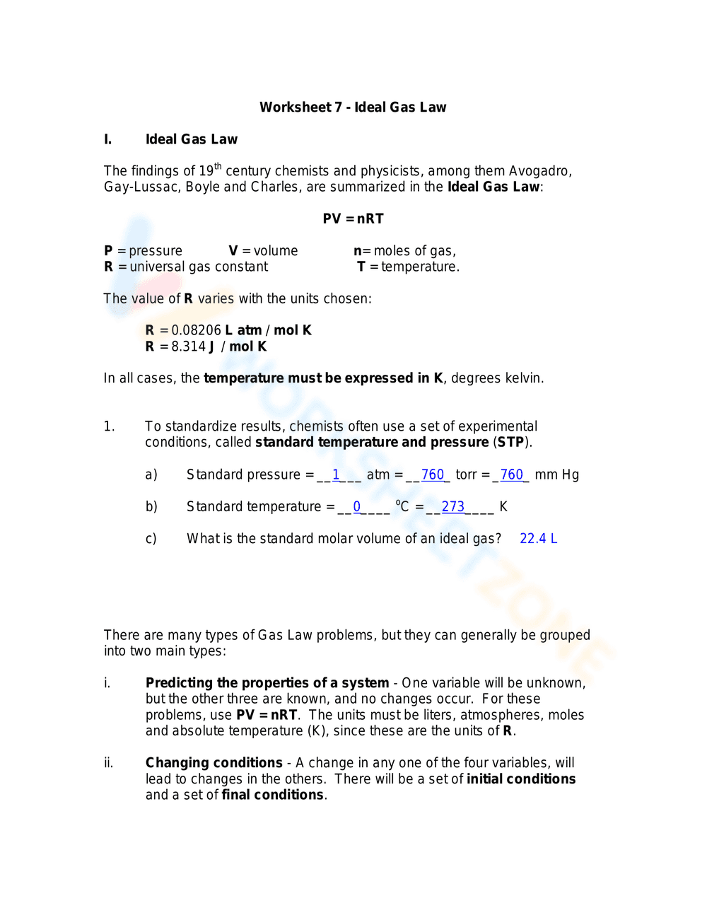 Ideal Gas Law Worksheet: Chemistry Practice - Page 1