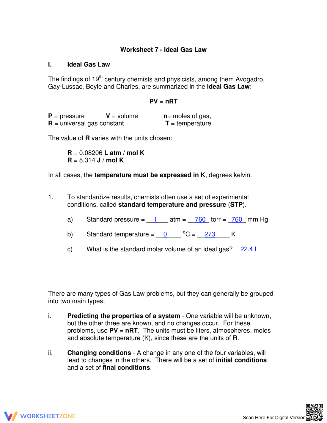 Ideal Gas Law Worksheet: Chemistry Practice - Page 1
