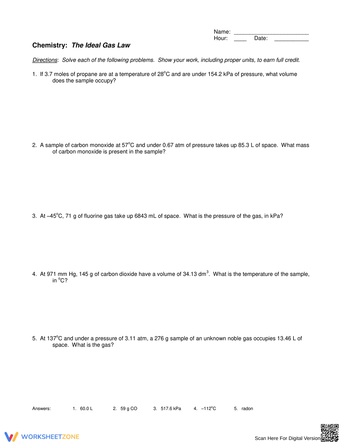 Chemistry: The Ideal Gas Law Worksheet - Page 1