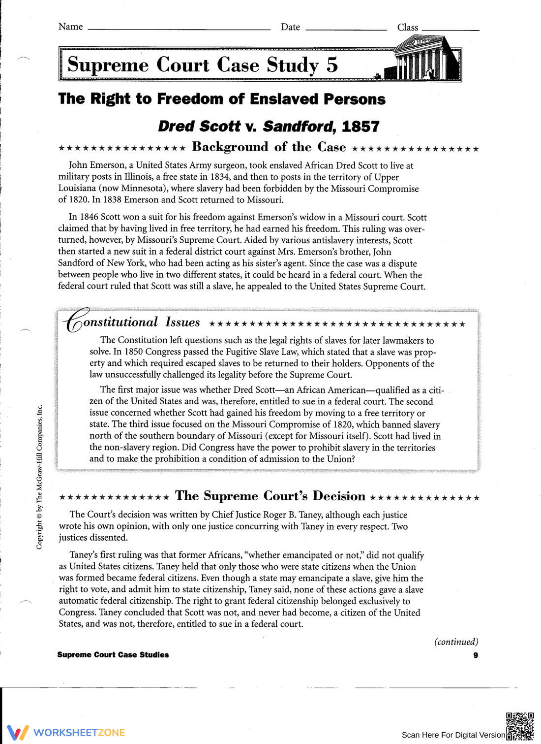 Dred Scott v Sandford (1857) Worksheet - Page 1