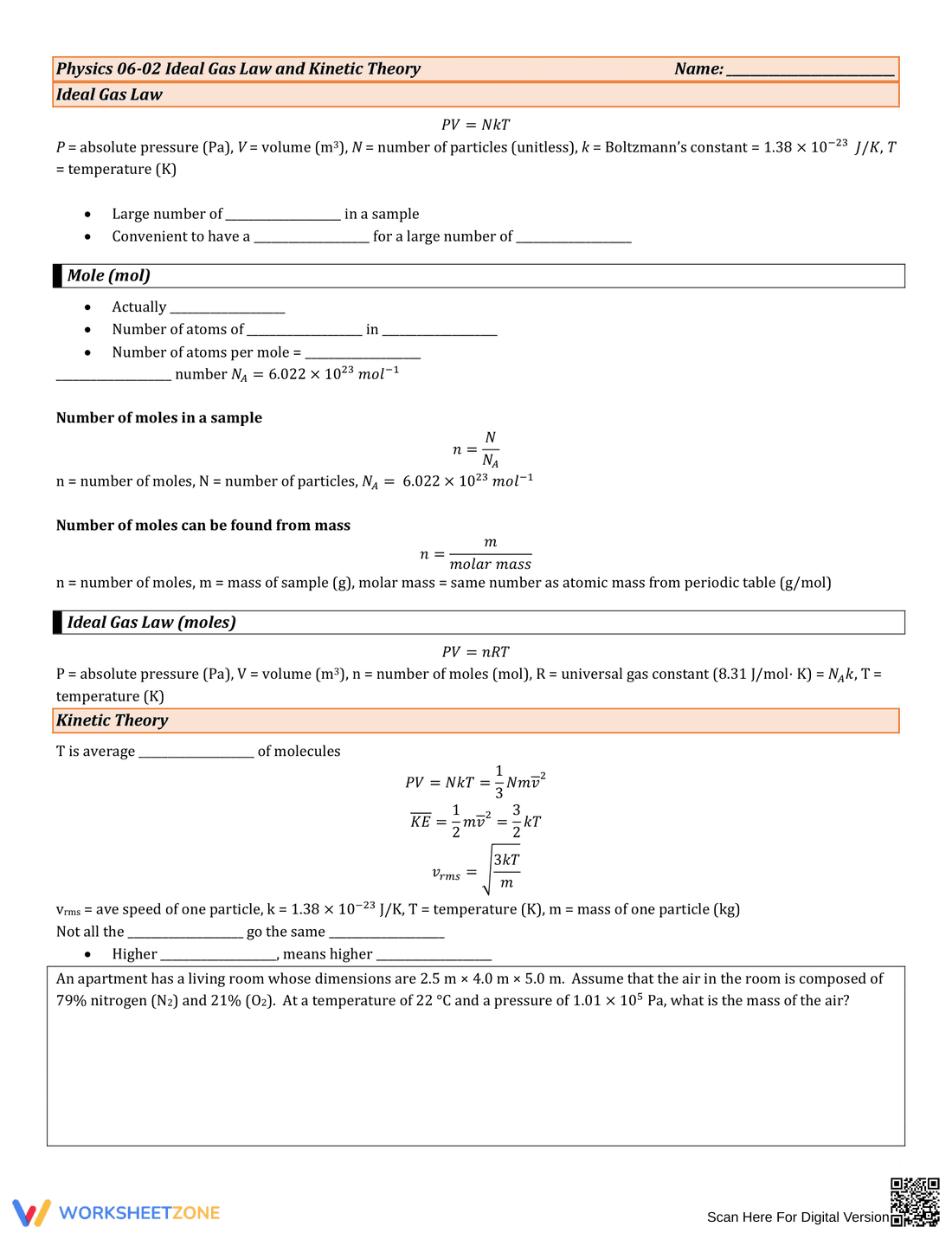 Ideal Gas Law Worksheet | Essential Grade 11 Physics - Page 1