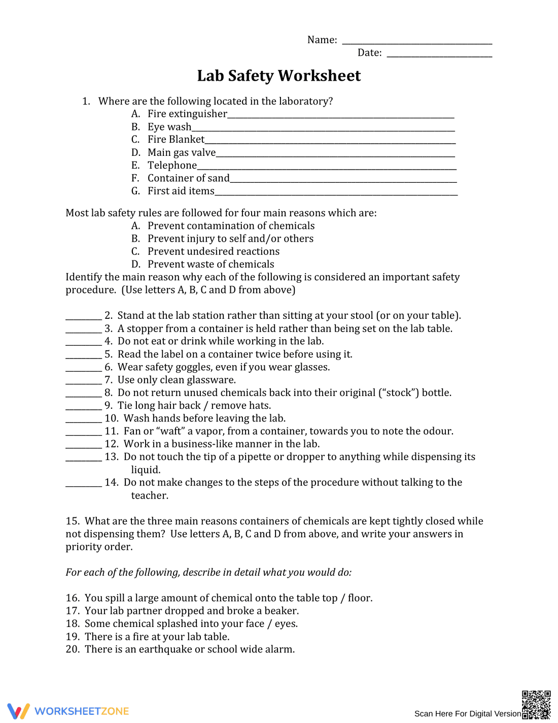Lab Safety Worksheet | Grade 8-10 Essential - Page 1